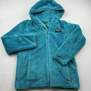 LL BEAN Kids L 14-16 Hi-Pile Fleece Blue Full Zip‎ Hooded Fleece Jacket Large